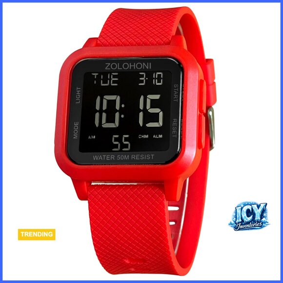 Stainless Steel Digital Watch Waterproof Large Face Dual Time Date